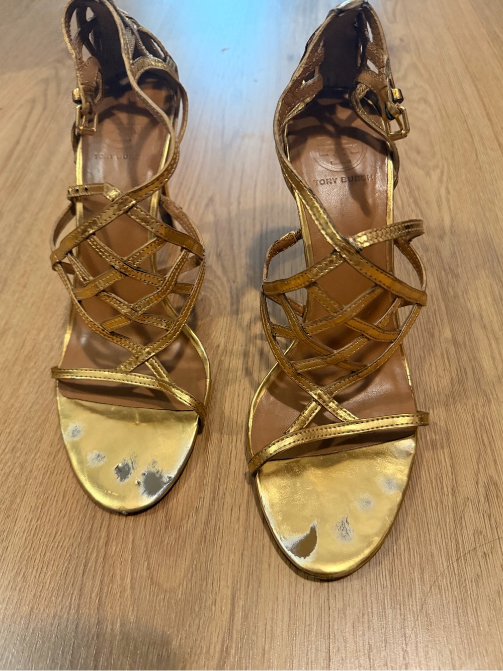 Tory Burch Amalie Metallic Gold Strappy High Heel Sandals